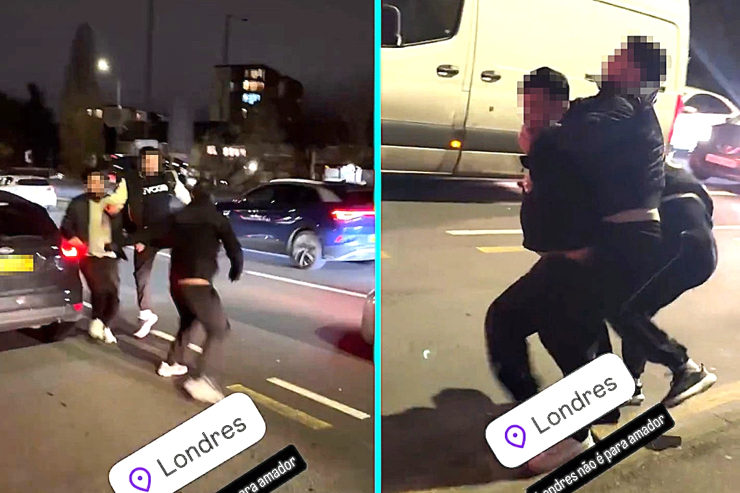 Three men brawl in London traffic after road rage erupts. Duo chase and beat lone man in bus lane while drivers beep horns. Bystander breaks up brutal fight.