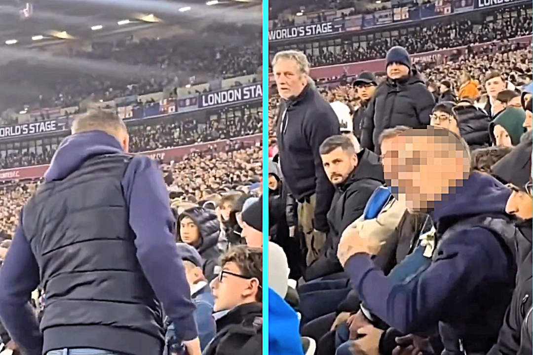 West Ham fans brawl in home end during Man United clash. Fists fly at London Stadium as relegation-threatened Hammers draw 1-1. Father yells I have kids here.