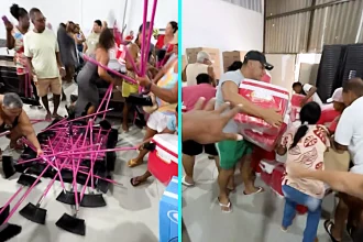 Bargain hunters stampeded through a Brazilian store for brooms at 42p and cool boxes at £2.83, with shoppers knocked down and hit over the head as violent chaos erupted.