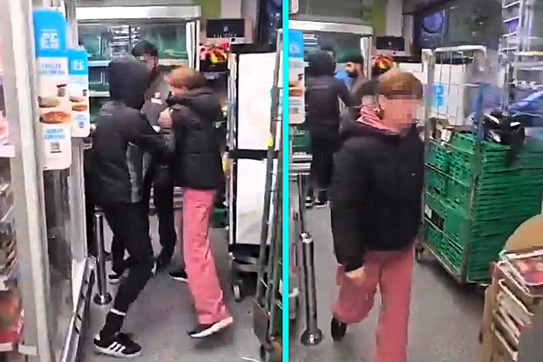Shoplifters wrestle with Co-Op staff on Isle of Dogs before one escapes with three eight-packs of Fanta. Viral footage of the bizarre London theft shocked social media.