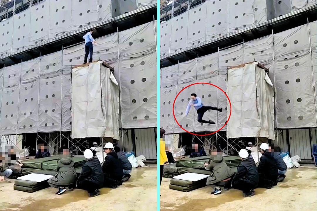Stuntman Su Deyang hospitalised with brain bleed and facial fractures after high-fall stunt goes wrong in Taiwan. Only half his body landed on mattresses, face-planted on concrete.