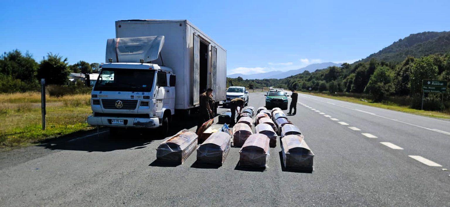 Police seize cannabis hidden inside a coffin after stopping a lorry carrying 23 caskets in Chile - three suspected drug traffickers arrested during routine roadside checks.