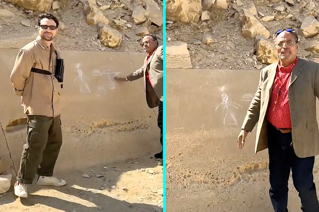 Tour guide arrested after being caught on camera scribbling chalk drawings on a 4,000-year-old pyramid in Egypt - he now faces up to a year in prison and a hefty fine.