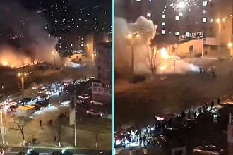 Fireworks stall in China erupted into chaos with rockets firing for 30 minutes. No injuries reported in the roadside blaze that took firefighters 17 minutes to reach.
