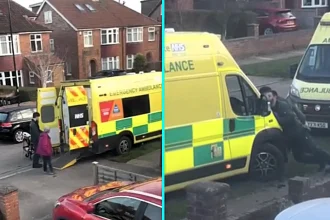 Ambulance crew forced to push their own vehicle after it got stuck in mud during an emergency call-out - elderly patient had to be transferred to a second ambulance in York.