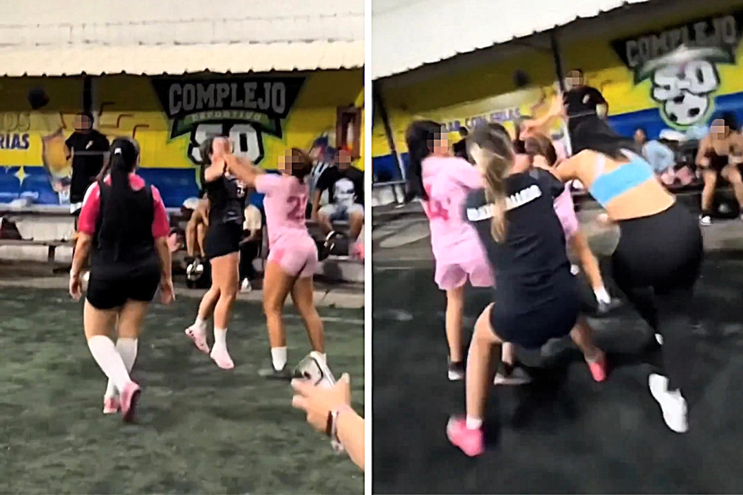 A brawl broke out during a women's football match in Colombia as players threw punches and yanked hair after a dispute over a throw-in sparked chaos on the pitch.