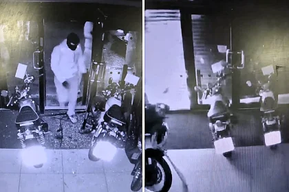 A gang smashed a car into a West Yorkshire motorbike dealership before stealing nine bikes worth £80,000 in a lightning ram raid that unfolded in just minutes.