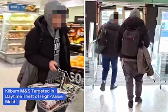 Brazen shoplifters calmly walk out of M&S in Kilburn with a basket overflowing with steaks — completely unchallenged. Shocking footage emerges amid UK's shoplifting crisis.