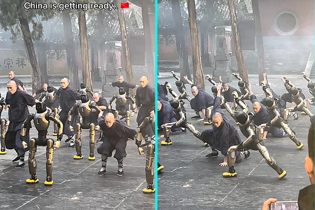 A shocked Brit witnessed an army of cyborg robots training in martial arts alongside Shaolin monks in China - with the viral clip racking up nearly 23 million views online.