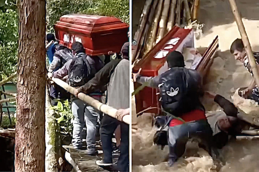 Coffin plunges into river as rickety bridge collapses during funeral procession in Peru sending mourners tumbling into fast-moving water as onlookers scream in shock.