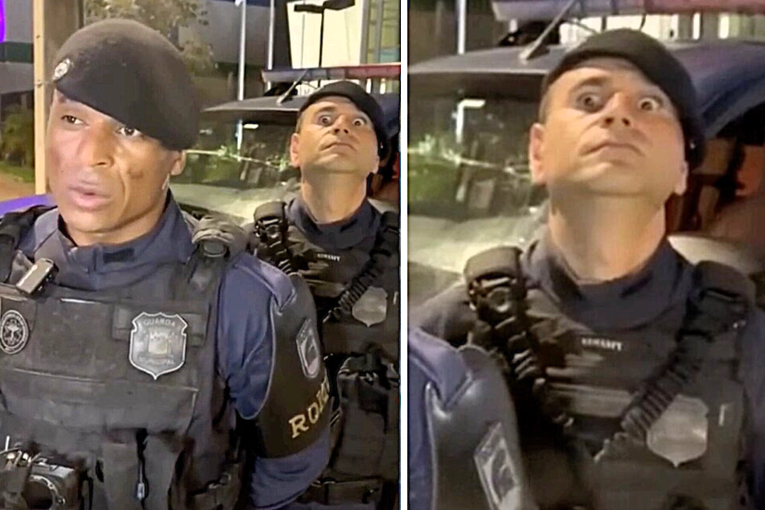 Cop caught on camera looking hilariously intense after drug trafficking arrests as he glares into the camera without blinking - leaving social media users in stitches.