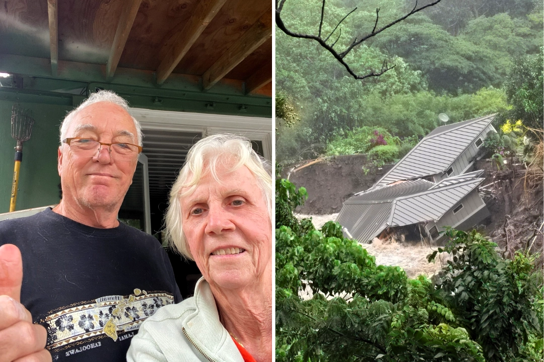 An elderly couple lost everything after a raging river ripped through their Maui home and swept it away - shocking footage of the collapse has racked up over 2.2m views.