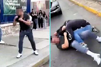 Dad brawls with student outside a university in Mexico after his son lost an earlier fight on campus - footage shows the older man getting overpowered in viral street clash.