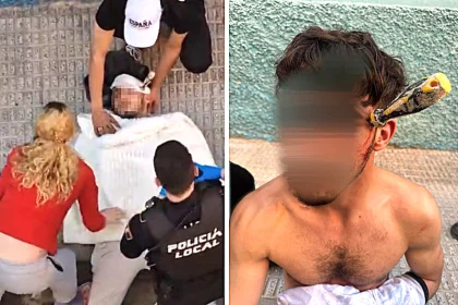 A man survived after a screwdriver was stabbed through his temple during a street fight in Spain, leaving witnesses stunned as police kept him conscious until help arrived.