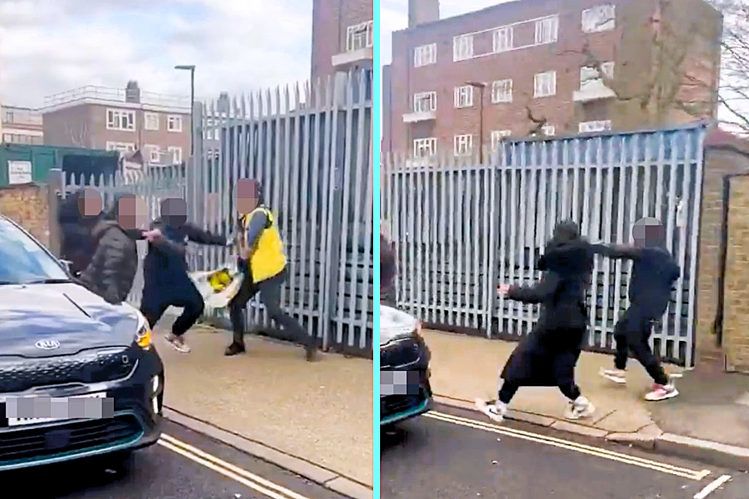 Determined Lidl worker chases down and wrestles suspected shoplifter on a London street to retrieve stolen bags - footage of the tug-of-war in Hoxton racks up thousands of views.