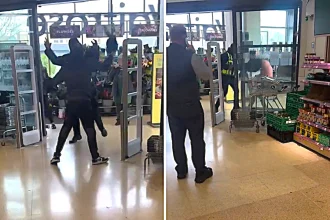 Security guard tackles alleged shoplifter by ripping his clothes off in a bid to stop him leaving a Waitrose store in Bristol - as the dramatic moment is caught on camera.