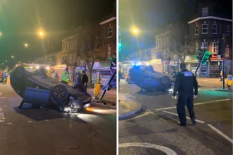 Bystanders were left shocked after a driver flipped their car onto its roof at a busy crossing on Bethnal Green Road in East London in the early hours of Sunday morning.