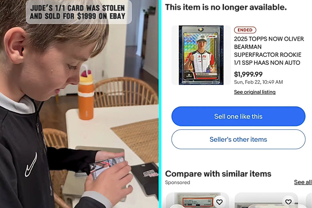 Fuming mum spots her son's stolen one-of-a-kind F1 card listed on eBay for $1,999 after it vanished while being shipped by FedEx - and the thief has now been identified.