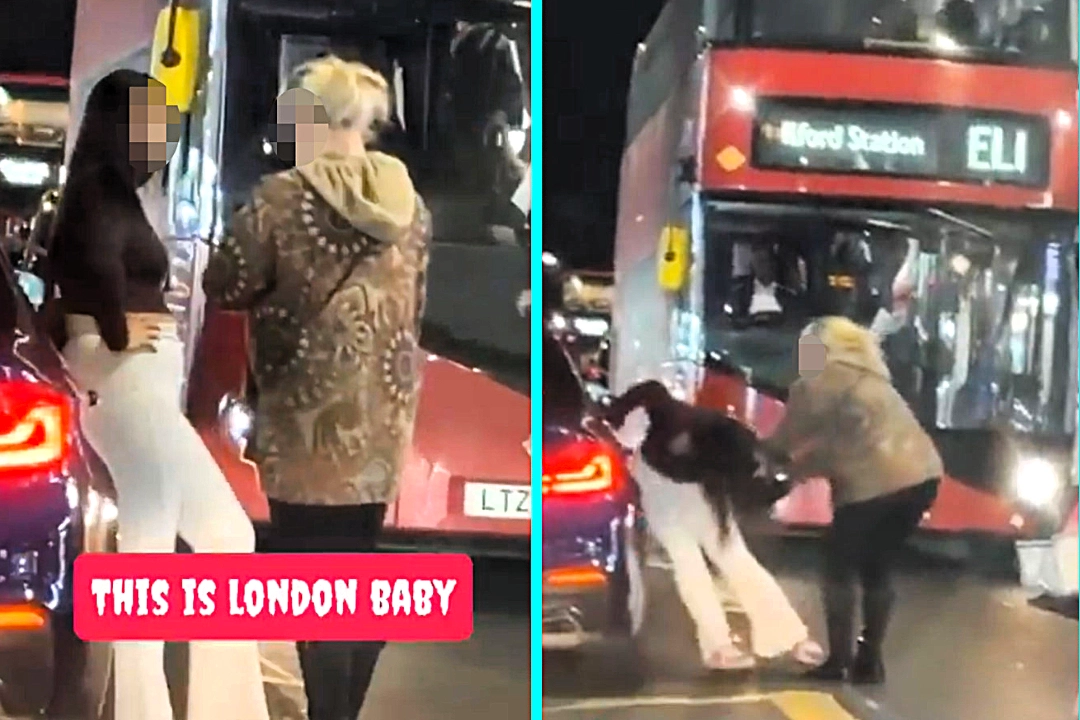 Two women were filmed dragging each other by the hair in the middle of a busy road in Ilford as stunned drivers and a double-decker bus watched the bizarre street fight unfold.