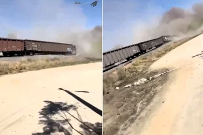 A freight train derailed after suspected track theft, killing one and injuring seven migrants as carriages plunged down an embankment in a dramatic crash now under investigation