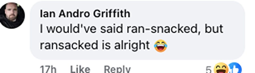 Social media comment on the post of A burglar was caught eating a sandwich in the kitchen of a flat he broke up into - police then found stolen jewellery stuffed in his pockets before jailing him for 32 months.