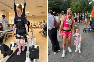 A woman woke up with tingling toes and was paralysed within days by a rare condition - now she has run a marathon and crossed the finish line with her daughter in her arms.