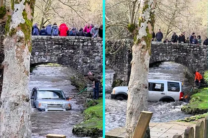 Land Rover driver ignores bridge and attempts river crossing near Exeter - gets stuck axle deep, floods engine and writes off car after dramatic rescue fails in Devon UK.