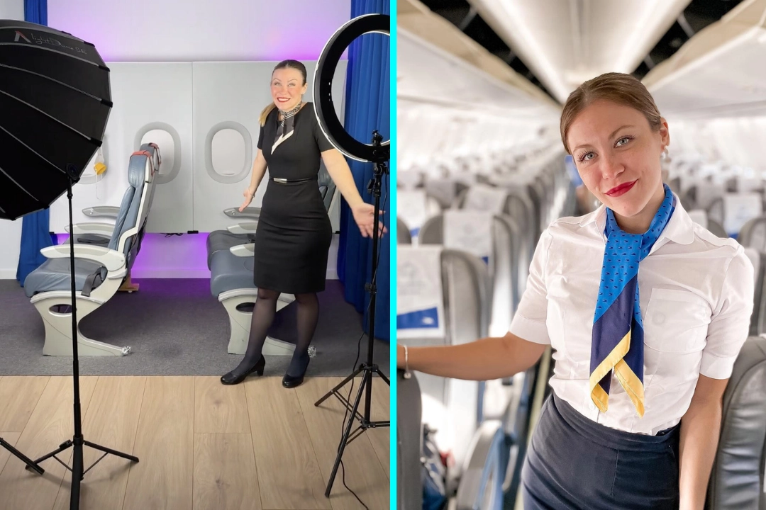 Flight attendant reveals the life-size plane she keeps in her living room to film viral travel content - complete with seats, windows and blue curtains for her millions of fans.