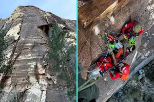 Lucky hiker rescued after plunging 50 feet into a canyon in Las Vegas - it took seven hours, a helicopter and specialist climbers to save him from 600 feet up the route.