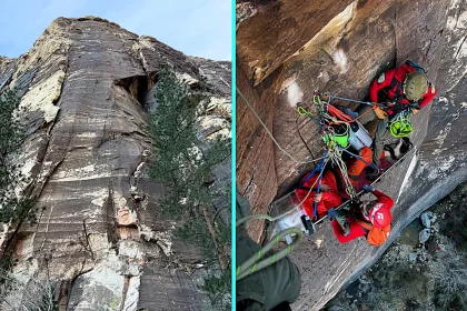 Lucky hiker rescued after plunging 50 feet into a canyon in Las Vegas - it took seven hours, a helicopter and specialist climbers to save him from 600 feet up the route.