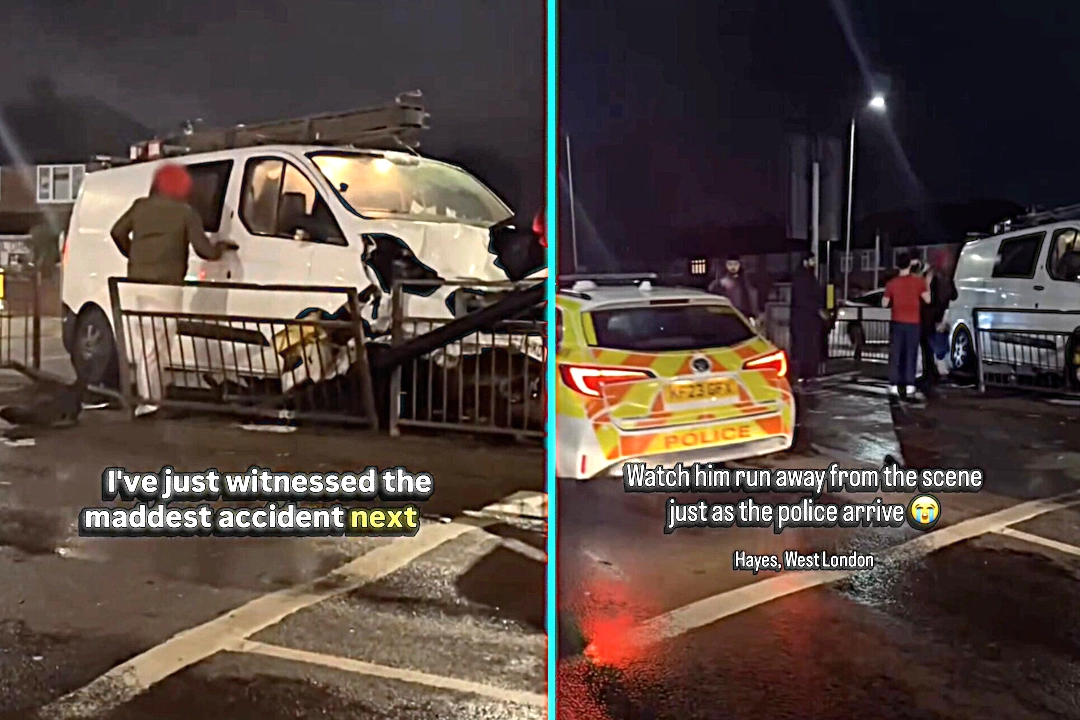 Van driver demolishes traffic lights in Hayes then casually walks off as police arrive - stunned witnesses film him stumbling away telling him to run from the scene.
