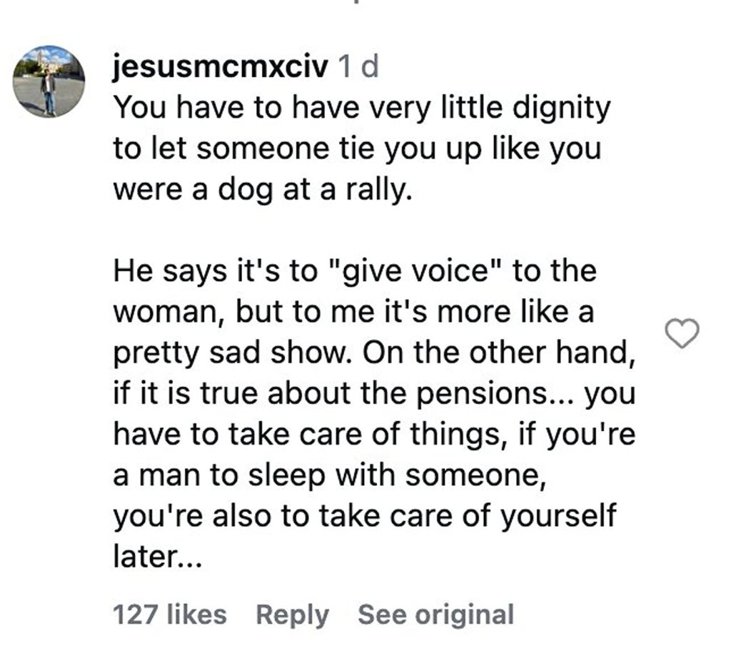 Social media comment on the post A male ally was expelled from a feminist march in Mexico after his ex confronted him over unpaid child support while he was being led on a leash by his new girlfriend.
