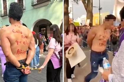A male ally was expelled from a feminist march in Mexico after his ex confronted him over unpaid child support while he was being led on a leash by his new girlfriend.