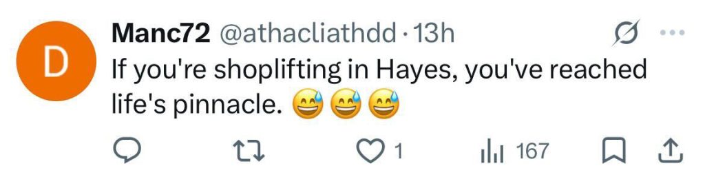 Social media comment on the post of Shocking footage shows a suspected shoplifter smashing a bottle at security staff in a Lidl store in West London before threatening to put a bullet in them as shoppers watch.