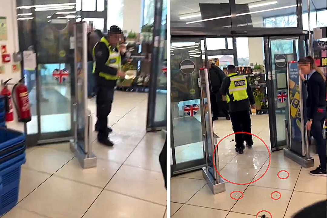 Shocking footage shows a suspected shoplifter smashing a bottle at security staff in a Lidl store in West London before threatening to put a bullet in them as shoppers watch.
