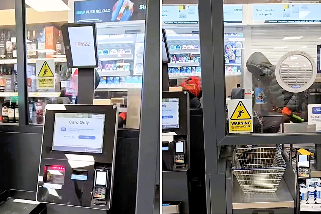 Masked thieves raided a Tesco Express in East London, stuffing suitcases with cigarettes and cash before walking out unchallenged in a brazen early-morning robbery.