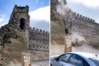 A historic 15th-century castle tower collapsed in front of stunned tourists in Toledo, Spain - sending large chunks of stone crashing into the courtyard and damaging cars.