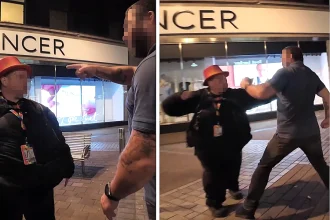 Raging muscleman caught on camera nearly knocking out a man half his size in a late-night attack in Leeds - after appearing to take an instant dislike to his victim's hat.