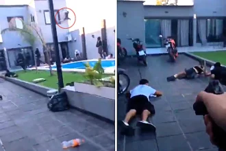 A police raid on a gang’s pool party in Argentina erupted into a gunfight, leaving one suspect dead and two others arrested as terrified guests hid during the chaos.