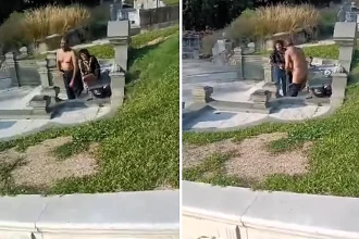 Couple caught allegedly romping on a grave in a secluded cemetery in Malaysia - as a furious mourner films them and police arrest the pair the following day.