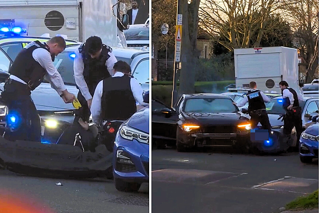 Dramatic footage shows police smashing car windows to arrest two men after a chase in Wembley, ending in a crash and multiple charges following a failed stop attempt