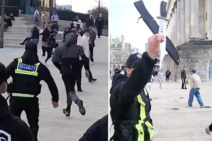 Shocking mass brawl with knife-carrying men erupts in Birmingham city centre after a demonstration - as police arrest four teenagers and recover a zombie knife from the scene.