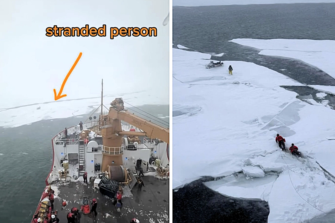 A snowmobiler stranded on a drifting ice floe during a brutal whiteout was rescued by a daring boat mission after blizzard conditions grounded helicopters.