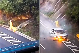 Miraculous escape as a speeding car explodes into flames inches from a motorcyclist who stopped to urinate on a Colombian highway. Viral footage stuns viewers. Watch here.