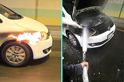 Motorist stunned as car next to him bursts into flames in a road tunnel in Taiwan - driver was unaware until others honked and shouted to alert him. No injuries were reported.