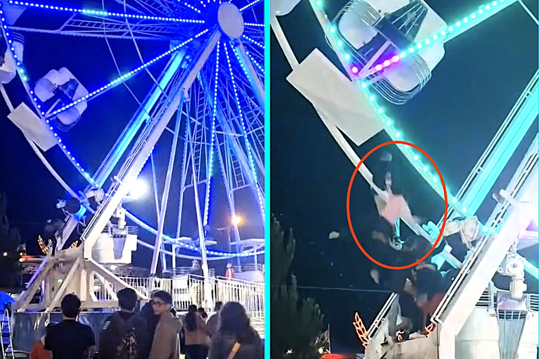A hero caught a woman as she slipped from a broken-down Ferris wheel in Argentina - saving her from a serious fall after the ride stalled high above the ground at a fair.
