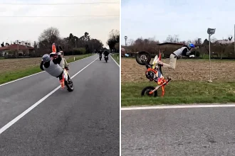 A tourist flew headfirst over his handlebars then got wiped out by the same bike after a wheelie went wrong in Italy - leaving him with torn muscles and a viral video.