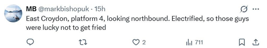 Shocking footage shows two men walking on train tracks near a live rail at East Croydon, risking electrocution as stunned passengers watch a dangerous near miss unfold