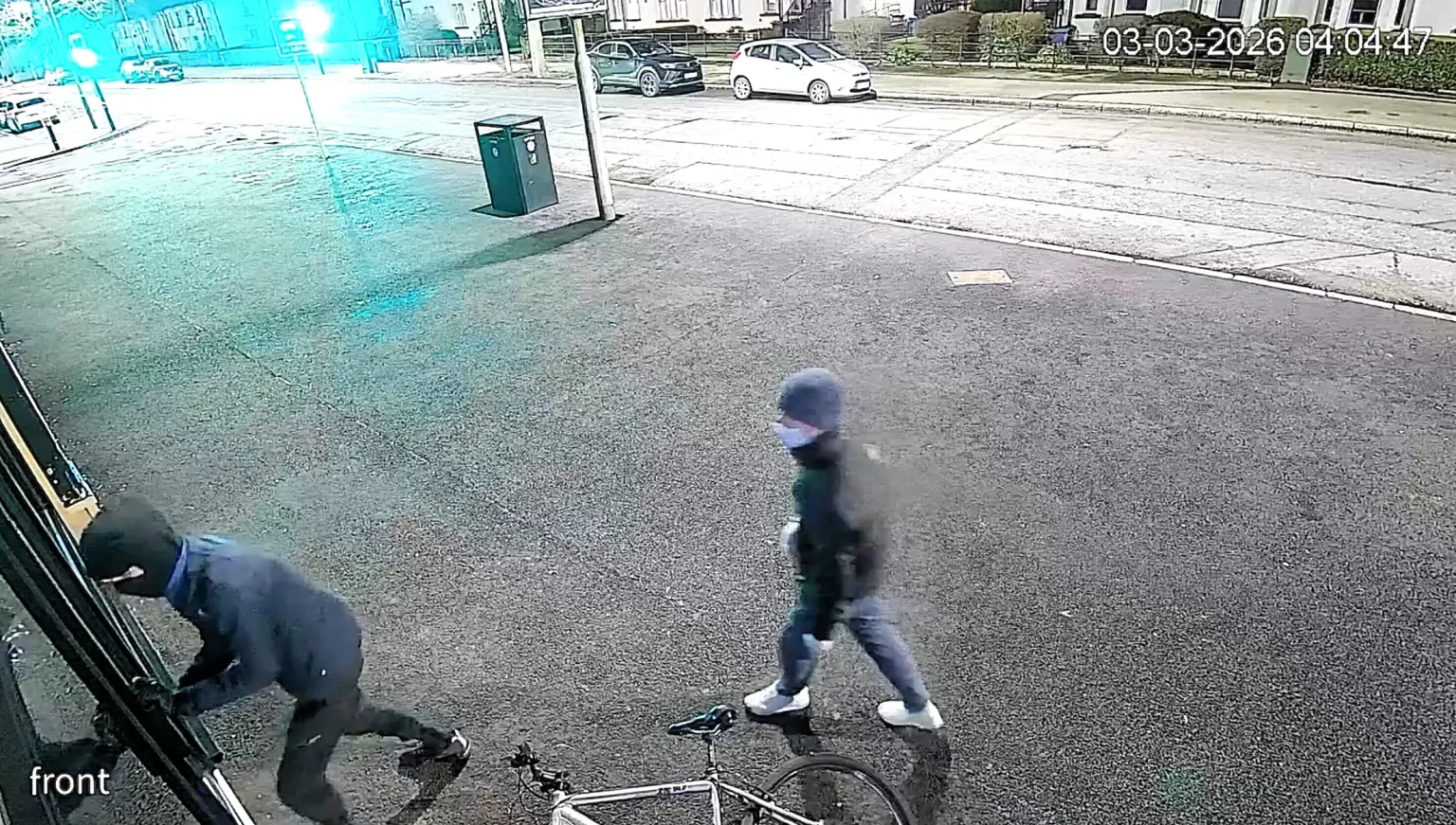 Two masked men caught on camera trying to kick down shop shutters at 4am in Dundee - before asking someone upstairs to open up because they were starving for food.