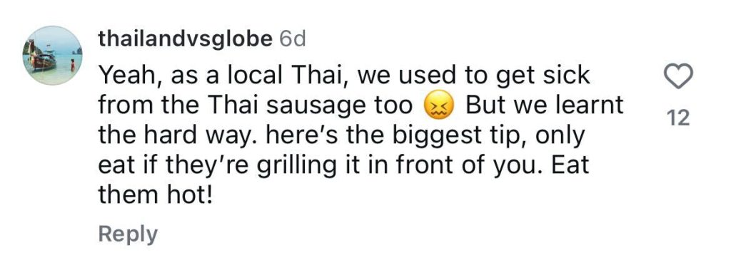 Social media comment on the post of Tourist Juri Hwang was rushed to hospital after a mystery meat sausage from a Thai night market left her violently ill - spending 24 hours bedridden with a £500 medical bill.